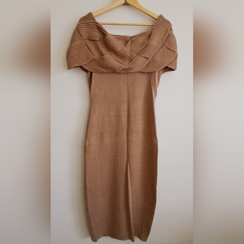 Elegant Tan Knit Midi Dress Off the Shoulders Sleeveless Large